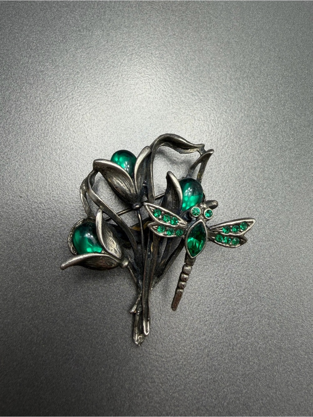 Vintage Danny Pollak Green Dragonfly Floral Brooch #64sb